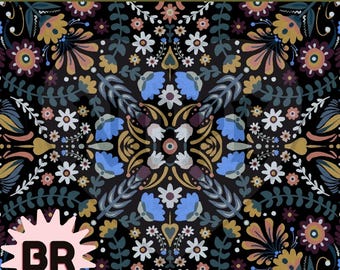 Nahtloses Muster mit dunklen Boho-Blumen | Digitales Papier im Folk-Art-Stil | Skandinavisches Blumenmuster | Cottagecore