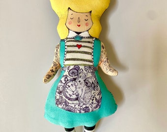 Alice in Wonderland -Handmade Art Doll- Tattoos- Soft sculpture plush doll