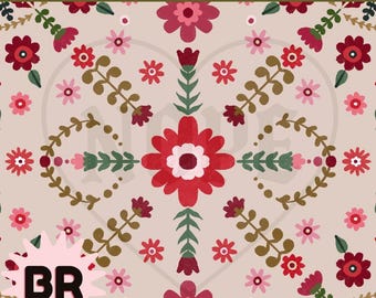 Nahtloses Blumenmuster in Beerenrot | Digitales Papier im Stil der Folk-Art | Skandinavisches Blumenmuster | Cottagecore