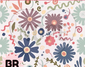Retro Floral Doodle Pattern | Hand Drawn Seamless Pattern | Mid Century Inspired Digital Paper | Surface Pattern Design
