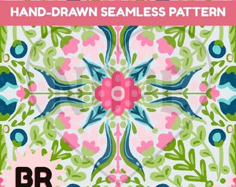 Pink & Blue Folk Art Seamless Pattern | Hand Drawn Floral Digital Paper | Scandinavian Inspired Repeat Tile | 12x12 PNG