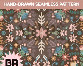 Vintage Folk Art Floral Seamless Pattern | Hand Drawn Botanical Digital Paper | Moody Cottagecore Repeat | 12x12 PNG Download