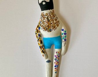 Gustav Klimt Art Doll with Tattoo Sleeve- Plush Doll OOAK