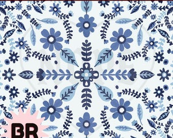 Nahtloses, blaues Boho-Blumenmuster | Digitales Papier im Folk-Art-Stil | Skandinavisches Blumenmuster (Wiederholung)