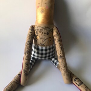 One of a Kind Art Doll Large Painted Tattooed Plush Doll Metallic hair with occult chest piece image 3