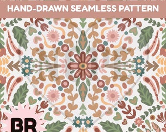 Pastel Folk Art Seamless Pattern | Hand Drawn Floral Digital Paper | Whimsical Botanical Repeat | 12x12 PNG Download for Fabric & POD