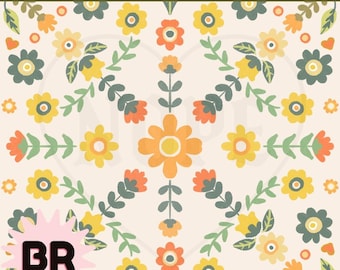 Sunny Retro Floral Seamless Pattern | Hand Drawn Folk Botanical | Yellow Orange Garden Digital Paper