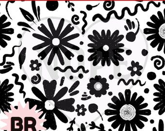 Modernes, nahtloses Blumenmuster in Schwarz-Weiß | Digitalpapier