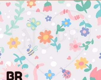 Pastel Garden Seamless Pattern | Hand Drawn Flowers and Bugs | Whimsical Kids Digital Paper