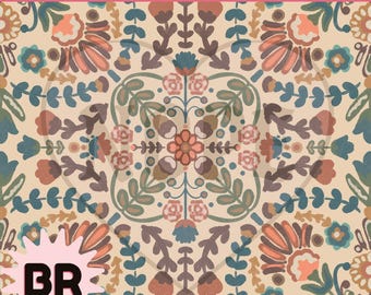 Boho Folk Art Seamless Pattern | Scandinavian Floral Pattern | Hand Drawn Botanical Repeat | Retro Folk Flowers | Cottagecore Digital Paper