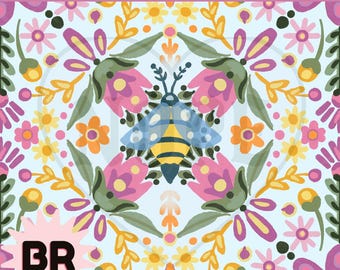 Bee Folk Art Seamless Pattern | Scandinavian Floral Pattern | Folk Art Bee Design | Cottagecore Surface Pattern | Hand Drawn Floral Repeat