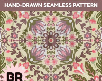 Dusty Pink Folk Art Seamless Pattern | Hand-Drawn Floral Digital Paper (12x12 PNG Download)