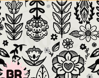 Black and White Folk Floral Seamless Pattern | Intricate Hand Drawn Botanical | Scandinavian Digital Paper