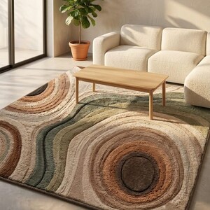 Abstract Concentric Circles Area Rug, Boho Sage Green Terracotta Carpet, Japandi Rippled Tufted Rug, Textured Neutral Floor Mat Living Room