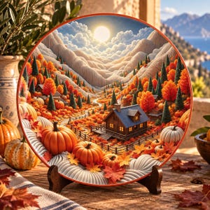 Puede incluir: Un plato decorativo redondo con una ilustración detallada de una cabaña de madera en un valle durante el otoño. La escena incluye calabazas de color naranja vibrante, follaje otoñal colorido, árboles de hoja perenne y un sol brillante.