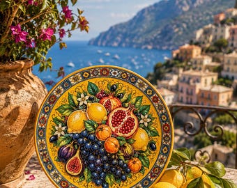 Sizilianischer Majolika-Teller mit Früchten, mediterranes Geschirr, farbenfrohe italienische Tischdekoration