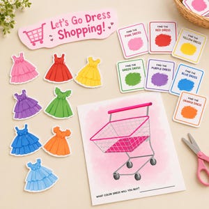 May include: A learning activity set featuring a sign that reads Let's Go Dress Shopping!, eight colourful dress cutouts in pink, red, yellow, purple, green, blue, orange, and light blue, seven colour-matching cards, and a shopping cart worksheet.