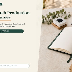 May include: A digital Batch Production Planner document featuring the text AJ PRINT CO, Batch Production Planner, Plan batches, protect deadlines, and understand cost per unit, EXCEL + 4-PAGE PDF, and INSTANT DIGITAL DOWNLOAD on a cream background.