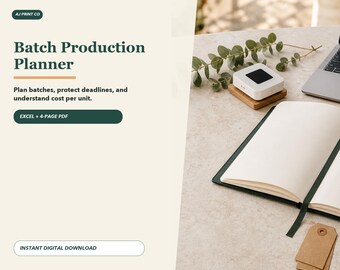 Handmade Production Planner Spreadsheet: Batch Tracker, Materials, Deadlines and Cost per Unit Dashboard
