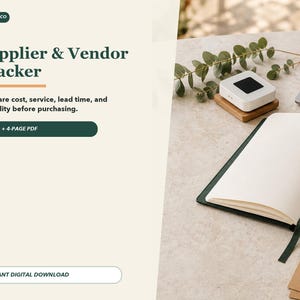 May include: A digital Supplier & Vendor Tracker template featuring the text AJ PRINT CO, Supplier & Vendor Tracker, Compare cost, service, lead time, and reliability before purchasing, EXCEL + 4-PAGE PDF, and INSTANT DIGITAL DOWNLOAD.