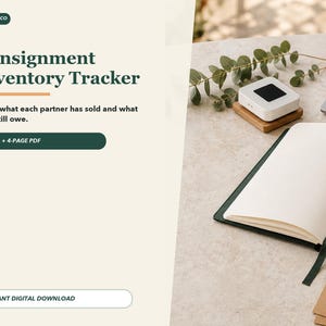 May include: A digital Consignment Inventory Tracker template featuring text that reads AJ PRINT CO, Consignment Inventory Tracker, Know what each partner has sold and what they still owe, EXCEL + 4-PAGE PDF, and INSTANT DIGITAL DOWNLOAD.
