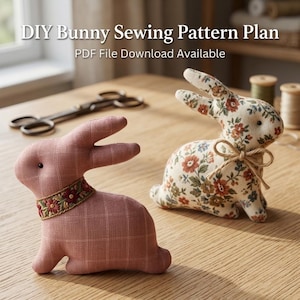 Peut inclure: Deux lapins en tissu rembourré. L'un est rose poudré avec un motif à carreaux blancs et un collier à fleurs. L'autre est crème avec un imprimé floral multicolore et un nœud en jute. Le texte indique : DIY Bunny Sewing Pattern Plan PDF File Download Available.