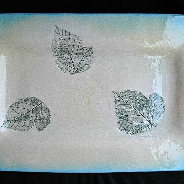 Serving Tray with real blackberry leaf detail in blue and green.
