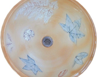 Vessel Sink "Southwest" with real Fern and Maple leaf imprints.Handmade.  Free Shipping.