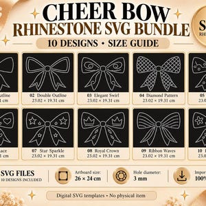 Peut inclure: Un ensemble numérique de 10 motifs SVG de nœuds de pom-pom girl en strass sur fond beige. Chaque nœud présente des motifs uniques comme des cœurs, des étoiles, des couronnes et des volutes. Inclut des étiquettes et dimensions en cm.