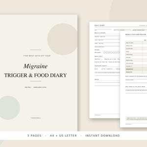 Op de afbeelding: Een Migraine Trigger & Food Diary planner met een beige kaft, cirkelvormige accenten en zwarte tekst. De binnenpagina's bevatten een dagelijks dagboekgedeelte voor maaltijden, drankjes en hoofdpijnregistratie, naast een wekelijks overzicht.