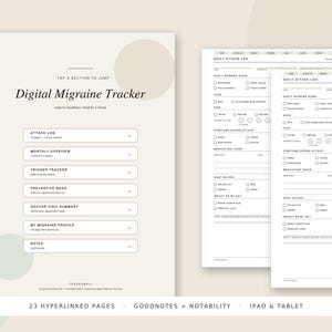 Könnte beinhalten: Ein digitaler Migräne-Tracker-Planer mit beigem Hintergrund und weißen Seiten. Das Hauptmenü listet Abschnitte wie Attack Log, Monthly Overview, Trigger Tracker, Preventive Meds, Doctor Visit Summary, My Migraine Profile und Notes auf.