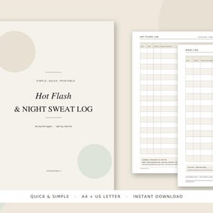 Könnte beinhalten: Ein druckbares Hot Flash & Night Sweat Log Dokumentenset mit einer beigen Titelseite mit dem Text Hot Flash & Night Sweat Log, simple, quick, printable, sowie zwei Innenseiten mit Spalten für Datum, Uhrzeit und Symptomdetails.