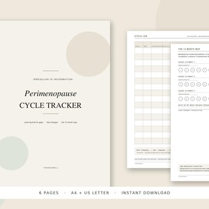 May include: A Perimenopause Cycle Tracker printable planner with a beige cover featuring the text 'IRREGULAR IS INFORMATION' and 'Perimenopause CYCLE TRACKER'. The set includes internal pages with a cycle log and a 12-month map for tracking.