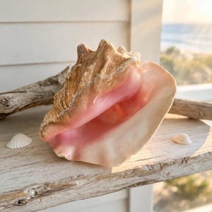 May include: A large conch shell with a textured, tan and brown exterior and a smooth, vibrant pink interior. The shell features a flared, wavy lip and a spiral structure, positioned alongside two small, white, fan-shaped seashells.