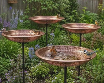 Hammered Copper Bird Bath with Stand, Rustic Garden Patio Decor, Bird Feeder Bowl
