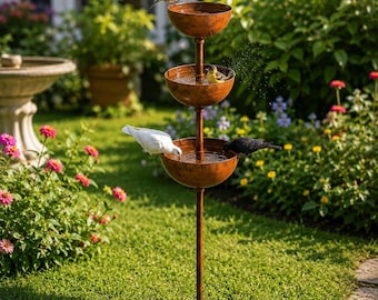 3 Tier Metal Bird Bath Stake, Rustic Garden Bird Feeder, Yard Decor
