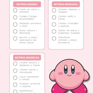 Puede incluir: Un planificador de limpieza del hogar rosa titulado KIRBY'S CLEAN ROUTINE con tres listas de verificación llamadas RUTINA DIARIA, RUTINA SEMANAL y RUTINA MENSUAL. El documento presenta un gráfico del personaje rosa Kirby en la esquina inferior derecha.