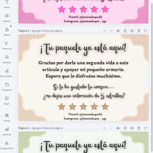Puede incluir: Una plantilla de diseño digital con tres tarjetas rectangulares de bordes festoneados en rosa, beige y verde claro. Cada tarjeta muestra el texto: ¡Tu paquete ya está aquí!, mensajes de agradecimiento, una solicitud de 5 estrellas y redes sociales.