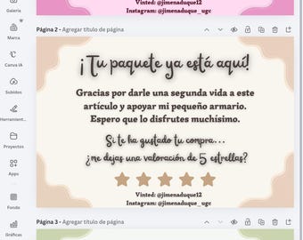 Plantilla Tarjetas de Agradecimiento Vinted Canva, Notas para Envíos Paquetes, Gracias por tu Compra Editable Armario