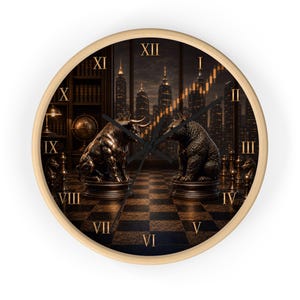 May include: A round wall clock with a light wood frame featuring a Roman numeral dial. The clock face displays a dark scene with a bronze bull and bear statue on a chessboard, a city skyline background, and an upward trending stock market graph.