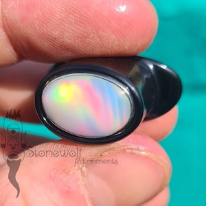 Made to Order Delrin Oval Labret with Aurora Opal Inlay Curved T-back Choose Your Colour for Stretched Lip Piercings Teflon