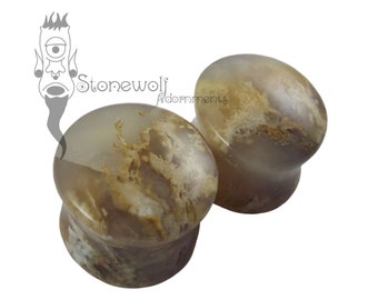 Pair of Graveyard Plume Agate Plugs Double Flared for Stretched Ears Piercings Handmade Stone Gauges