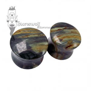 May include: A pair of circular ear plugs featuring a polished, multi-colored stone surface with swirling patterns of deep purple, earthy green, and golden brown hues. The plugs have a smooth, glossy finish and a flared design for secure placement.