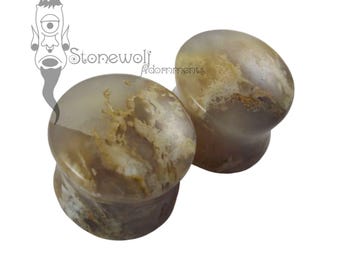 Pair of Graveyard Plume Agate Plugs Double Flared for Stretched Ears Piercings Handmade Stone Gauges