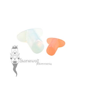 May include: Two translucent ear plugs, one larger and pale blue, the other smaller and orange, both featuring a flat circular front and a cylindrical post. Below them is a logo with a cyclops illustration and the text Stonewolf Adornments.