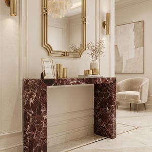 Handcrafted Rosso Levanto Marble Console Table, Modern Waterfall Edge, Bespoke Entryway Furniture
