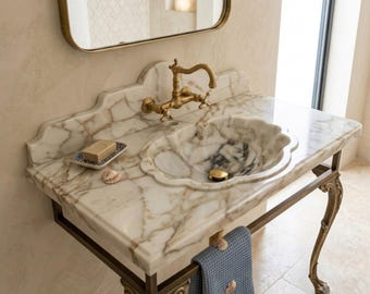 Calacatta Viola Marble Seashell Sink, Handcrafted Shell Shaped Wall Mount Basin, Unique Bathroom Vanity Countertop, Custom Marble Washbasin