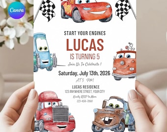 Invitation d'anniversaire Flash McQueen - Invitation pour une fête sur le thème des voitures de course pour garçons - Modèle Canva modifiable