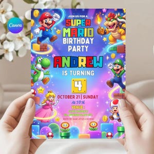 May include: A rectangular Super Mario birthday party invitation featuring Mario, Luigi, Princess Peach, Yoshi, Toad, and Bowser against a purple and blue background. The text reads: JOIN US FOR A SUPER MARIO BIRTHDAY PARTY, ANDREW IS TURNING 4.