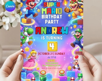 Invitación de cumpleaños editable de Super Mario / Plantilla de Canva / Invitación de cumpleaños con temática galáctica para niños (digital)